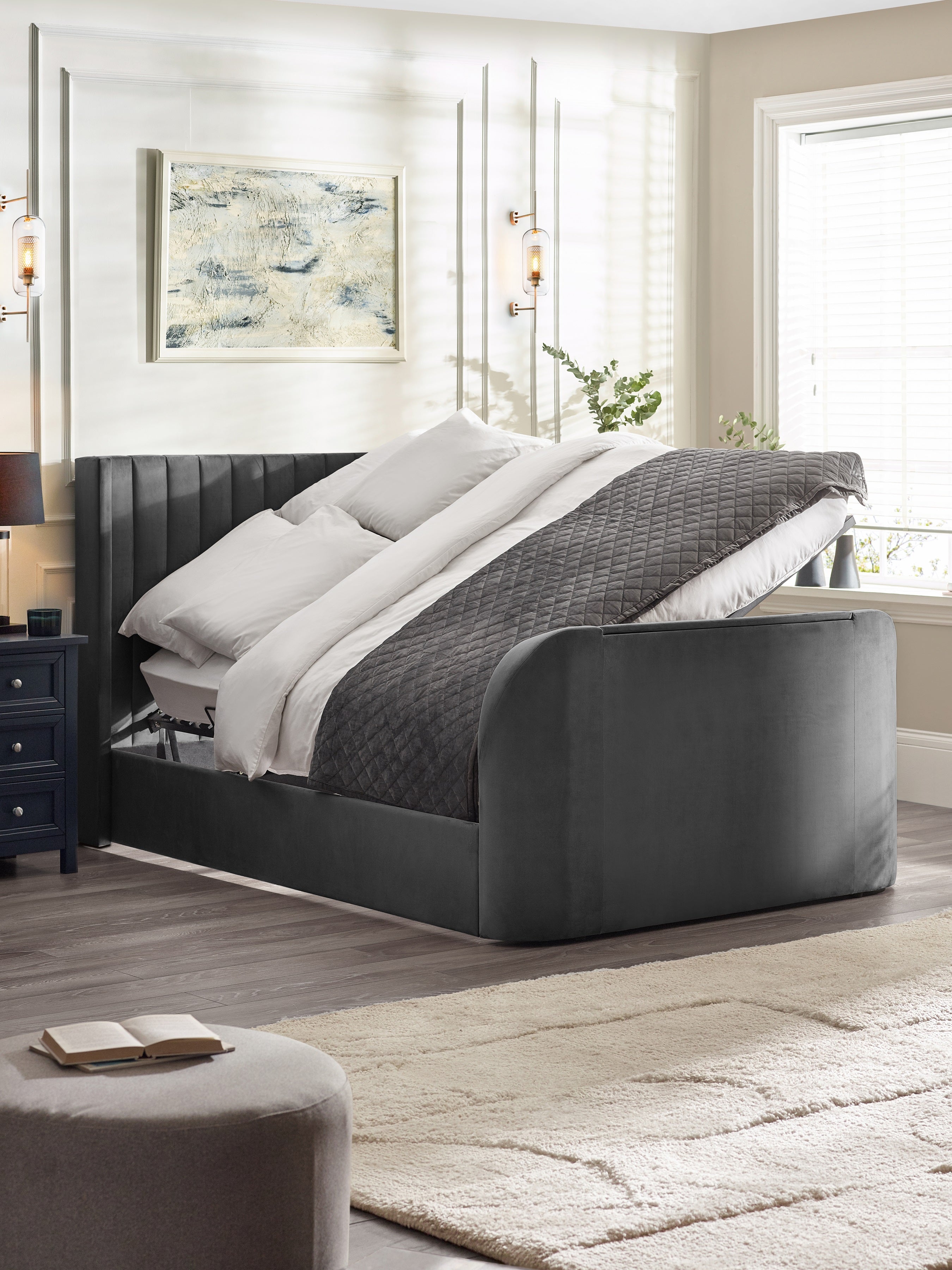 Alston Dark Grey Velvet Ottoman TV Bed King